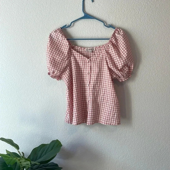 Nanette Lepore pink and white gingham romantic sleeve top - Picture 1 of 6
